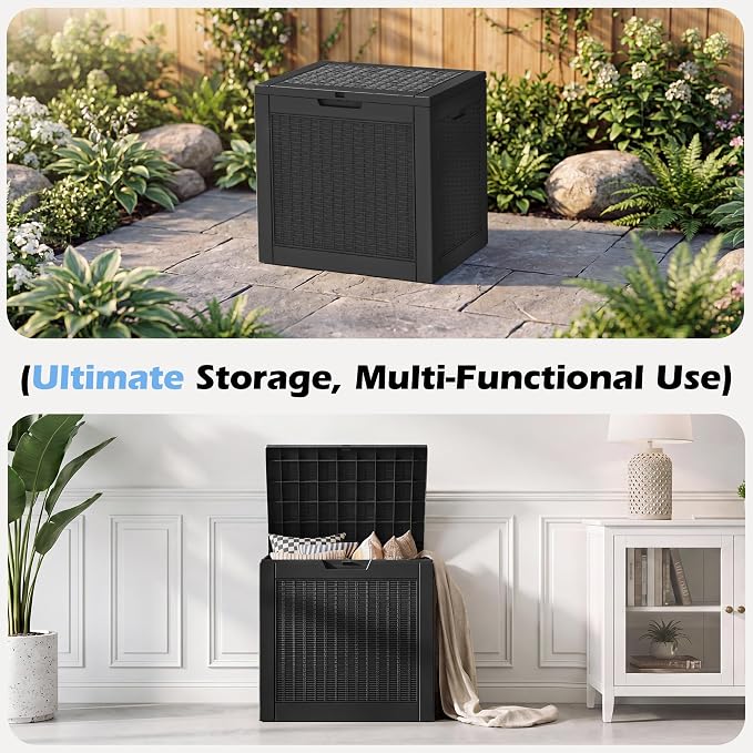 Outdoor Storage Box, 32 Gallon Resin Deck Boxes Outdoor Waterproof For Patio Furniture, Garden Tools, Pool Supplies, Lockable And UV Resistant (a Set of 2,Rattan Black)