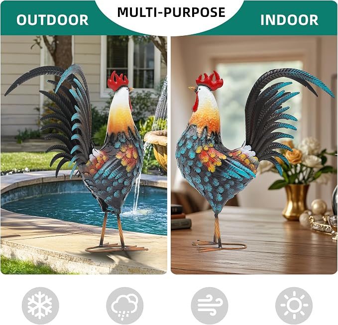 32" Majestic Metal Rooster Yard Decor, Large Outdoor Garden Statue | Outdoor Chicken Sculpture, 3D Hand-Painted, Rustic Farmhouse Style, Weather Resistant Iron, Backyard Patio Lawn Garden