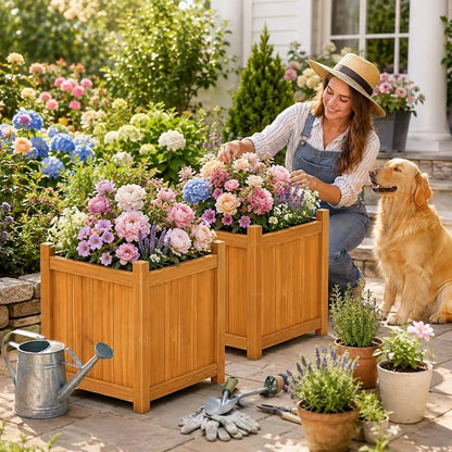 2-Pack 16" Square Fir Wood Planter Boxes with Drainage Holes | Set of 2 fir wood planters with removable bases, liners, and drainage holes for flowers, herbs, porch, patio, or garden
