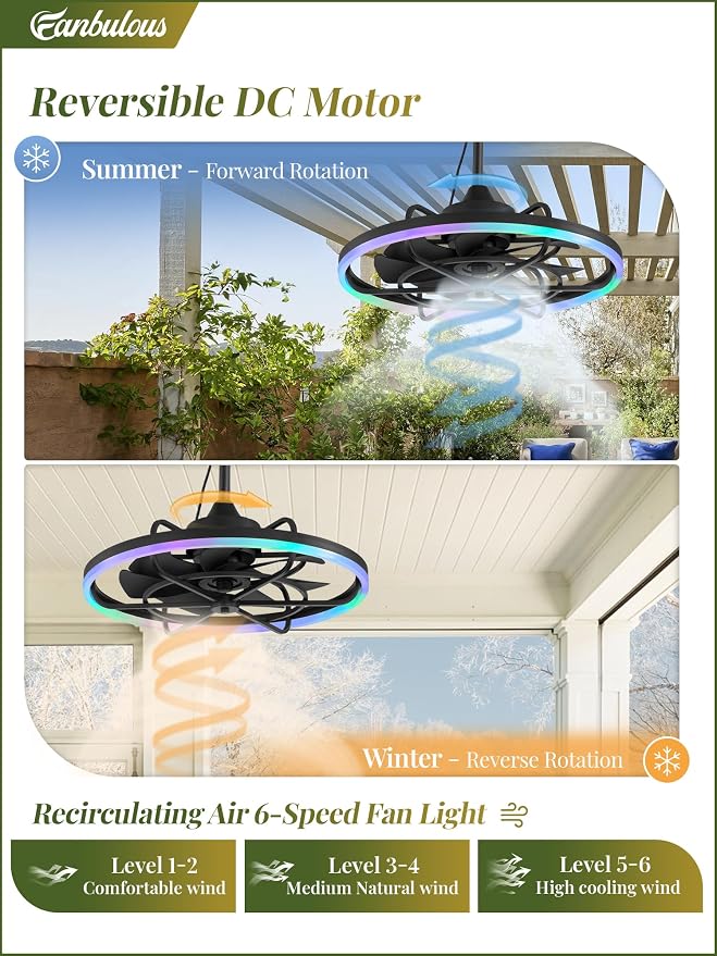 Fanbulous Outdoor RGB Ceiling Fans with Light for Patios, 24" Waterproof Plug in Ceiling Fan, Gazebo Fan Remote&APP Control, 3CCT Dimmable,Caged Ceiling Fan with Hanging Hook for Porch, Pergola