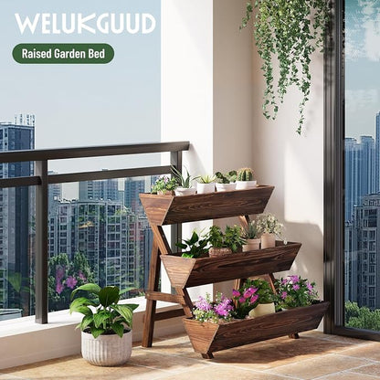 3-Tier Vertical Wooden Raised Garden Bed, Freestanding Garden Planter Box, Wood Flower Rack, Planter Box for Herbs, Vegetables, Outdoor Indoor Use, Large-Brown, Large-Carbonized