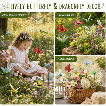 30PCS 3D Dragonfly Garden Stakes Butterfly Garden Stakes for Outdoor Decor | Waterproof Dragonfly Butterfly Decorative Garden Stakes for Flower Arrangements Outdoor Indoor Spring Garden Decor