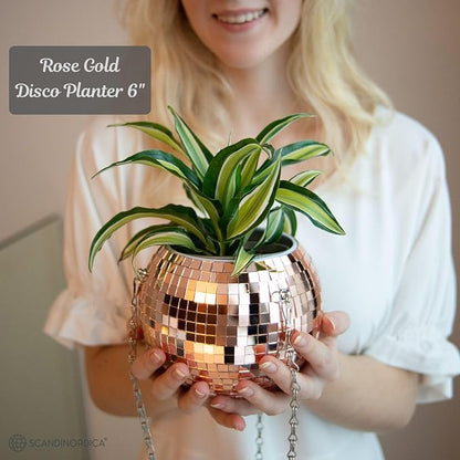 SCANDINORDICA Disco Ball Planter – Value Package: Mirror Disco Planter with Chain, Macrame Hanger and Acrylic Stand for Desk, Includes Self Watering Insert, Quirky Gifts | 6 inch Rose Gold