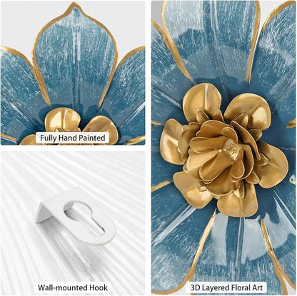 10" Metal Flowers Wall Decor, Blue & Gold 3D Floral Metal Wall Art Decor for Inoor & Outdoor Use, Vintage & Modern Walls Arts for Bathroom, Living Room, Bedroom, Office, Garden, Patio, Porch, 1 Piece