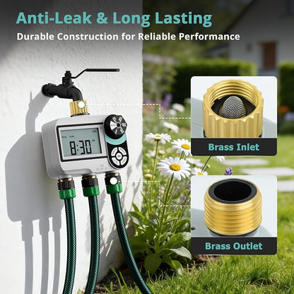 QUOBAS Brass Sprinkler Timer for Garden Hose, Programmable Water Timer for Hose Faucet with Child Lock, Rain Delay/Auto/Manual 3 Modes, Large Waterproof Screen, 3 Zone Independent Watering
