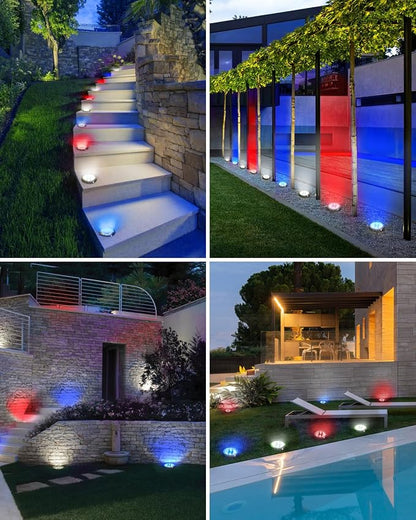 btfarm 24 Pack Solar Lights Outdoor, 8 LED Solar Ground Lights IP65 Waterproof Flat Solar Disc Light, Pathway Lights for Garden Lawn Yard Christmas Decorations, Red+Blue+Cool White