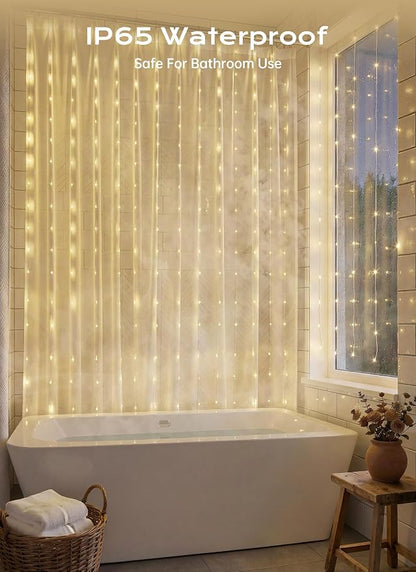 Brightown 180 LED Shower Curtain Lights, 70 Inch Warm White IP65 Waterproof Fairy Lights Battery Operated String Lights, 8 Modes Waterproof Christmas Lights for Indoor Outdoor Decor(No Curtain)