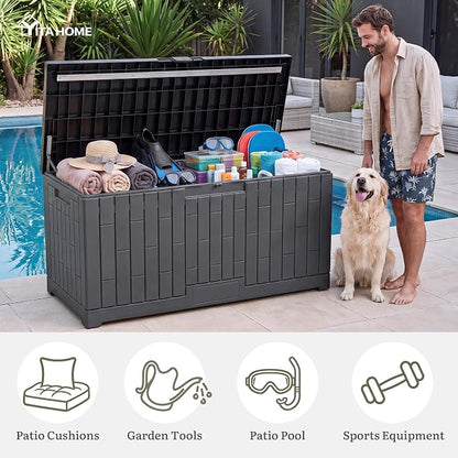 YITAHOME 120 Gallon Outdoor Storage Deck Box | Large Resin Patio Storage Box with Slide-Locking Lid, 53"L 2-Person Bench Seat for Outdoor Pillows, Garden Tools &