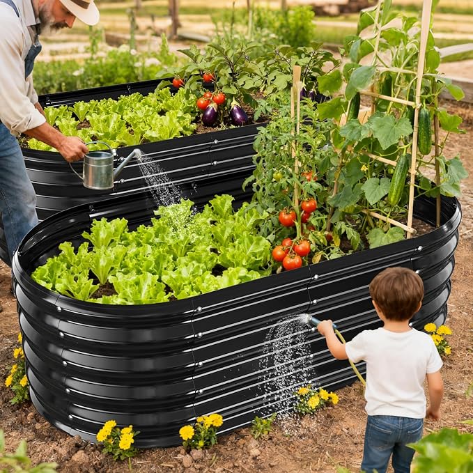 YSEJOMP 17" Tall Oval-Shaped/Elliptic Metal Raised Garden Bed Outdoor Black | 48X24X17 Inch,1.5 FT Tall,0.8MM Thick Galvanized Metal Painted,for Variety of Flowers,Herbs,Vegetables.with Gloves,Tool free