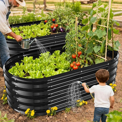YSEJOMP 17" Tall Oval-Shaped/Elliptic Metal Raised Garden Bed Outdoor Black | 48X24X17 Inch,1.5 FT Tall,0.8MM Thick Galvanized Metal Painted,for Variety of Flowers,Herbs,Vegetables.with Gloves,Tool free