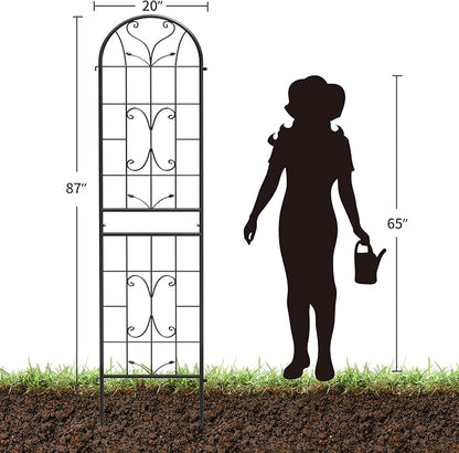 2-Pack 87" x 20" Ornate Scrollwork Arch Black Metal Garden Trellises | Set of 2 rust-resistant trellises with heart scrollwork, arched tops, stakes, and support for roses, vines, or vegetables