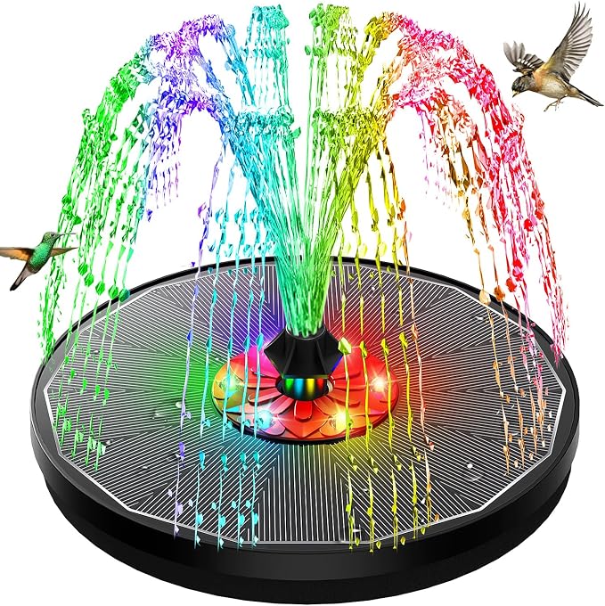 Solar Bird Bath Fountain,Upgrade 3.5W Glass Panel Solar Fountain with 2200mAh Backup Battery, Colorful LED Lights,8 Spray Mode, 4 Fixed Rods for Garden, Pond, Pool,Patio Outdoor Water Feature