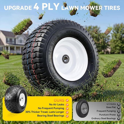 YITAMOTOR 15x6.00-6 Flat Free Lawn Mower Tires & Wheel Assemblies, 4 Ply Pneumatic Front Tires Replacement Fits John Deere, Lawn Tractors, More Riding Mowers | 3" Centered Hub, 3/4" Bearings (2 Pack)