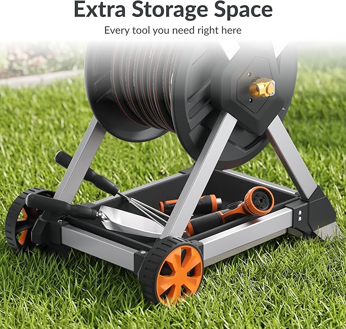 Giraffe Tools Garden Hose Reel Cart, 125FT 5/8" Hose Capacity, Heavy Duty Water Hose Reel with Wheels, 5ft Leader Hose, Retractable Hose Guide with Crank, for Yard Lawn Garage