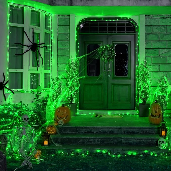 JMEXSUSS 2 Pack Solar Halloween Lights Outdoor, Total 400 LED 151FT, Green | Outdoor Waterproof, 8 Modes Solar Christmas String Lights for Outside Patio Yard Garden Tree Christmas Halloween Decorations