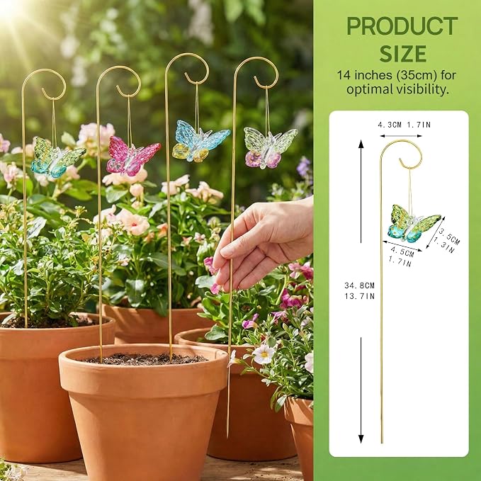 4 Pack Blown Glass Butterfly Decorative Garden Stakes | Colorful Butterflies With 13.5'' Tall Gold Plant Trellis for Indoor Outdoor Lawn Porch Pathway Patio Plant Potted Flower Bed