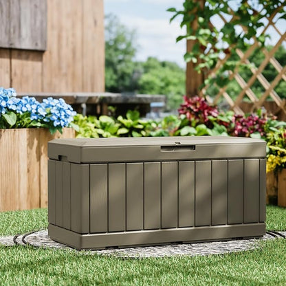 Greesum 82 Gallon Resin Deck Box All Weather Large Outdoor Storage for Patio Furniture, Toys, Garden Tools, Lockable, Light Coffee