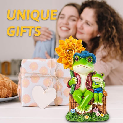 Outdoor Frog Garden Decor: 9'' Yard Decoration with Sunflower Light Funny Solar Frog Gifts for Women Mother's Day Housewarming Gift
