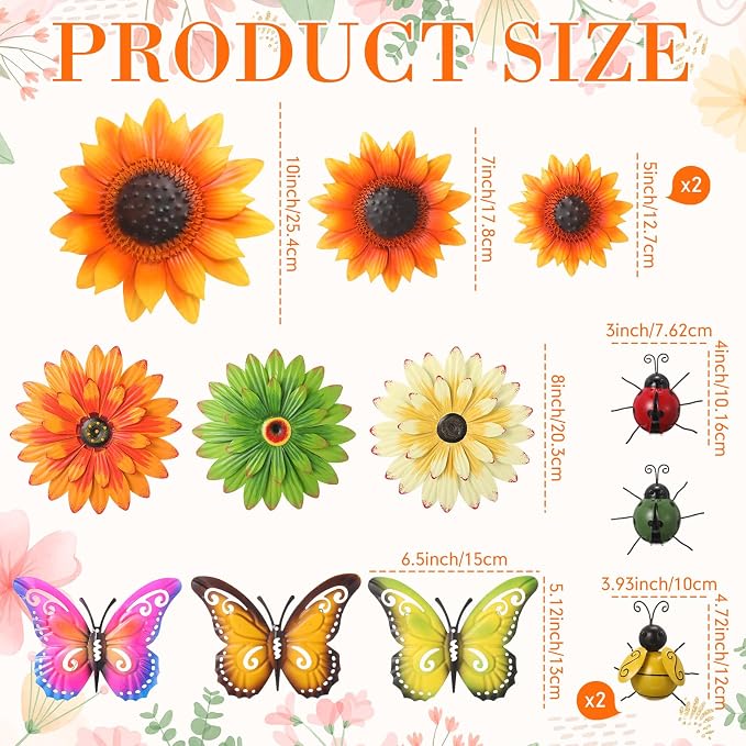 Beeveer 14 Pcs Metal Flower Decor 3D Sunflower Daisy Multicolored Garden Art Outdoor Decorations Butterfly Bee Ladybug Wall Art for Yard Fence Home