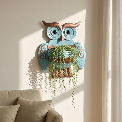 Owl Metal Wall Mount Planter, Hanging Succulent Flower Pot with Drainage | Farmhouse owl metal wall hanging pot garden succulent decorative planters, indoor outdoor hanging wall container