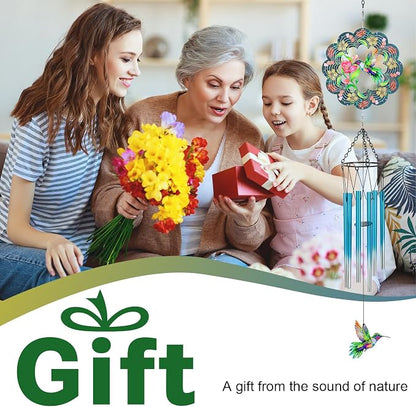 Hummingbird Wind Chimes for Outside, 3D Wind Chimes with Wind Spinner, Outdoors Hanging Decor for Garden, Patio and Balcony, Gifts for Men, Women, Mom, Lovers