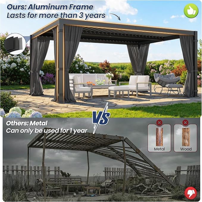 12' x 16' Louvered Pergola, Aluminum Frame Outdoor Pergola with Curtains & Netting, Adjustable Louvered Roof & Integrated Gutter System, Hardtop Patio Gazebo for Backyard, Patio, Garden, Dark Gray