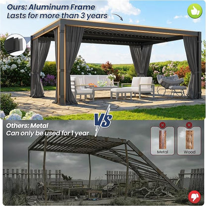 12' x 16' Louvered Pergola, Aluminum Frame Outdoor Pergola with Curtains & Netting, Adjustable Louvered Roof & Integrated Gutter System, Hardtop Patio Gazebo for Backyard, Patio, Garden, Dark Gray