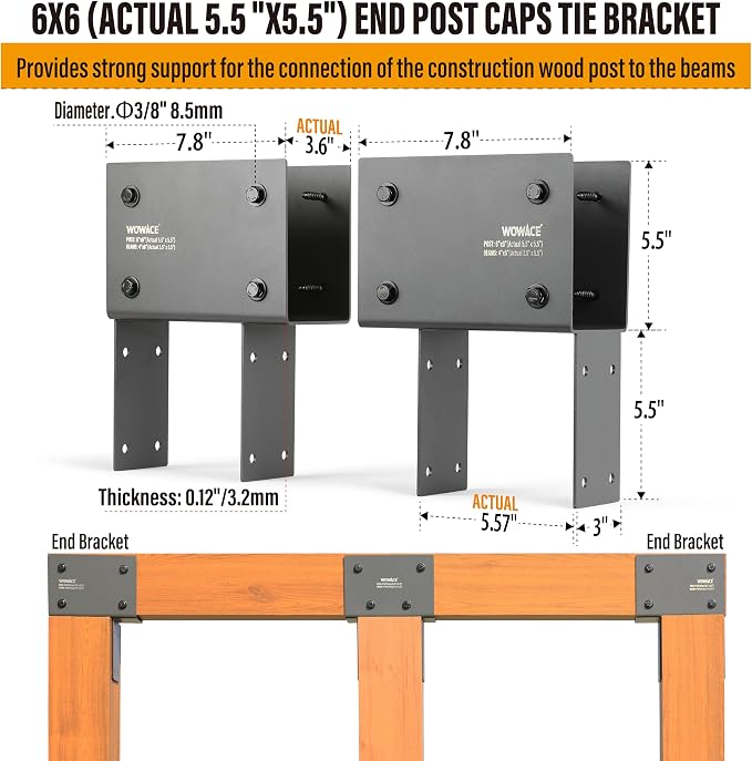 4Pack 4x6 (Actual 3.5"x5.5") Heavy Duty Stainless Steel Pergola Brackets - End Post to Beam Connector for Gazebos, Patio Decks, Porches - Wood Post Cap Tie Bracket (Dark Gray)