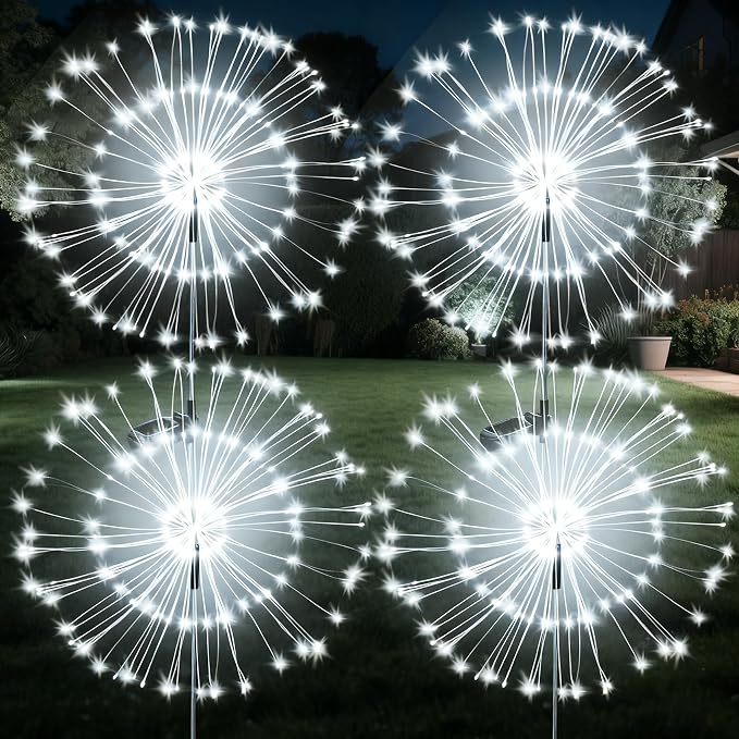 JJGoo Solar Firework Lights, 4 Pack 120 LEDs 2 Lighting Modes Solar Garden Lights Outdoor Waterproof for Yard Patio Walkway Pathway Party Wedding Christmas Decorative - White