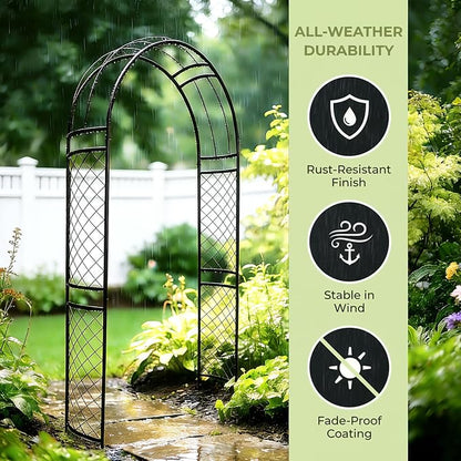 SCENDOR Metal Garden Arch with Lattice Side Panels 88.6" H x 50.8" W– Heavy-Duty Arbor for Climbing Roses, Vines, and Outdoor Patio, Lawn, Backyard, Wedding Decor (Black)