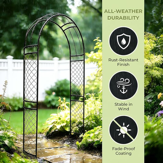 SCENDOR Metal Garden Arch with Lattice Side Panels 88.6" H x 50.8" W– Heavy-Duty Arbor for Climbing Roses, Vines, and Outdoor Patio, Lawn, Backyard, Wedding Decor (Black)