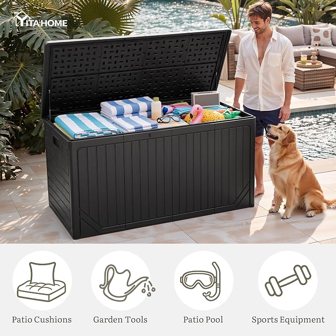 YITAHOME XXL 300 Gallon Extra Large OutdoorDeck Box | Lockable Resin Storage Box and Waterproof Patio Furniture Bin for Garden Tools & Pool Accessories, Black
