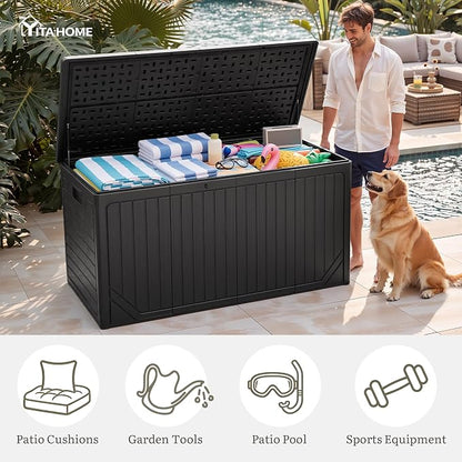 YITAHOME XXL 300 Gallon Extra Large OutdoorDeck Box | Lockable Resin Storage Box and Waterproof Patio Furniture Bin for Garden Tools & Pool Accessories, Black