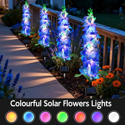 MRHEPHAESTUS Solar Garden Lights, Solar Blue Delphinium Flowers Lights 4 Pack 80 LEDs, Waterproof Outdoor Light Two Lighting Modes for Outside Wedding Party Garden Yard Patio Lawn Decor