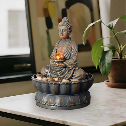 Kalona Home Décor 9.6" Tabletop Fountain Exquisite Smile Sitting Buddha Fountains Desk Water Fountain Decorative Zen Fountain w/Reflective Lighting/Cobblestone Office and Home Decor(21125A)