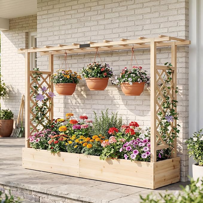 Giantex Wooden Raised Garden Bed with Trellis & Hanging Roof, 2 Pack Fir Wood Planter Box, 45” Freestanding Elevated Garden Bed for Outdoor Climbing Plants Vegetables Flowers, Patio & Balcony, Natural