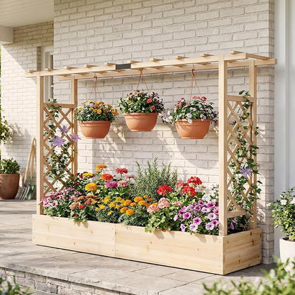 Giantex Wooden Raised Garden Bed with Trellis & Hanging Roof, 2 Pack Fir Wood Planter Box, 45” Freestanding Elevated Garden Bed for Outdoor Climbing Plants Vegetables Flowers, Patio & Balcony, Natural