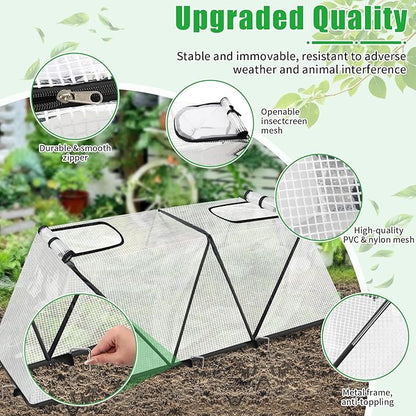 2Pack Foldable Garden Plants Covers with Two Dual Layer Skylights, 47.2" X 14.2" X 13" Raised Bed Greenhouse Cover, Garden Frost Protection for Vegetable Flower Fruits from Animals, Include 16 Stakes