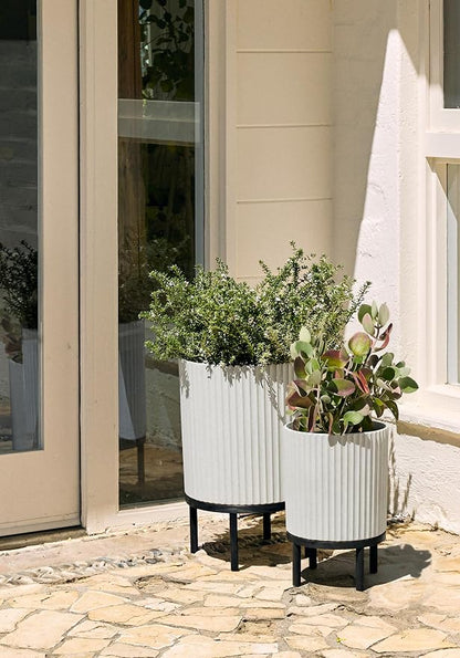 Veradek Demi Series Round Planter w/Stand for Porch/Patio | Durable Plastic-Stone Composite & Wooden Stand | Modern Décor for Tall Plants, Flowers