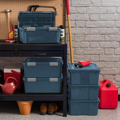 IRIS USA WeatherPro 31 Qt Eco-Friendly Storage Bins with Lids, 4 Pack, BPA-Free Plastic Gasket Box with Tight Latch and Seal, Stackable Nestable Tote Tub - Navy