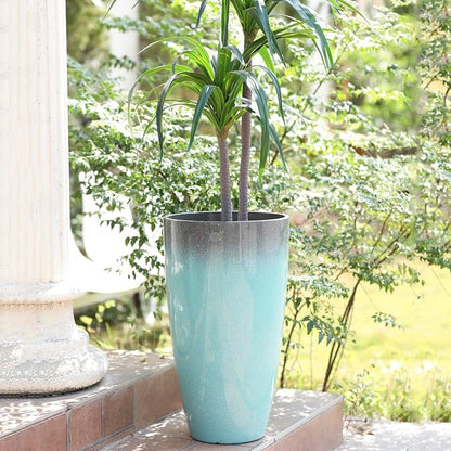 Planters for Outdoor Plants, Large Outdoor Plastic Grey to Azure Gradient Tall Flower Pots 2Pack, Patio Decor Unbreakable Resin, Lightweight Planter
