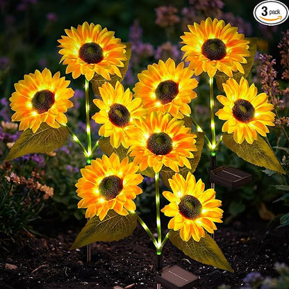 Brightown 3 Pack 3 Head Solar Sunflower Garden Stake Lights Waterproof | 9 glowing stem sunflowers, waterproof solar powered, auto on off decorative stakes for yard, patio, lawn outdoor decoration