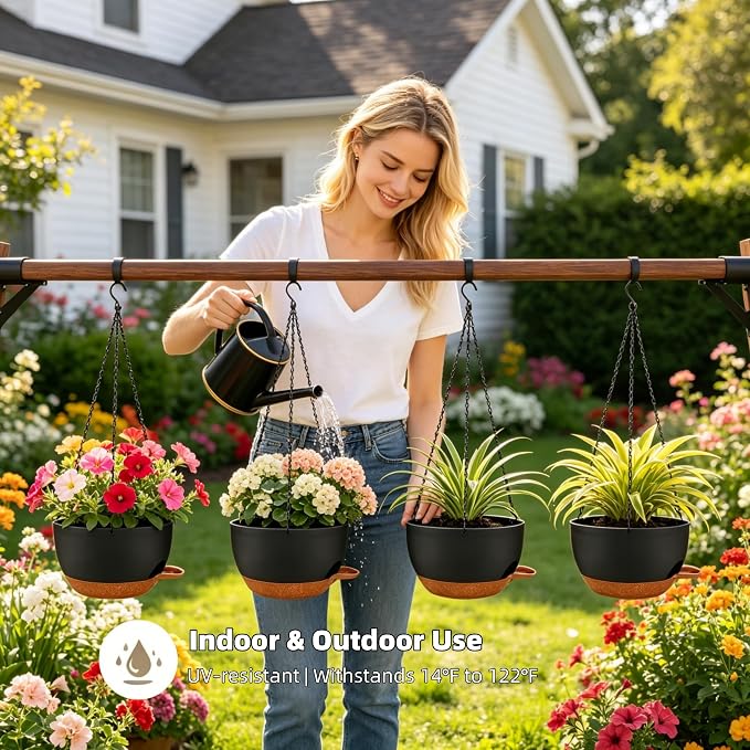Set of 4-8 Inch Self Watering Hanging Planters for Indoor Outdoor，Hanging Plant Pots with Drainage & Removable Tray, Hanging Pots Holder for Ivy, Pothos, Ferns, Balcony & Patio, Black Brown