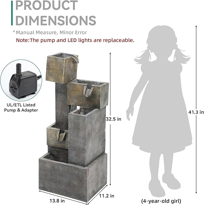 AUTODAYA 32.5" 5-Tier Stacked Blocks Fountains LED Cascading Waterfall | outdoor modern concrete texture, garden patio deck backyard,Porch or Home Décor