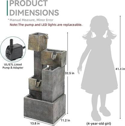 AUTODAYA 32.5" 5-Tier Stacked Blocks Fountains LED Cascading Waterfall | outdoor modern concrete texture, garden patio deck backyard,Porch or Home Décor