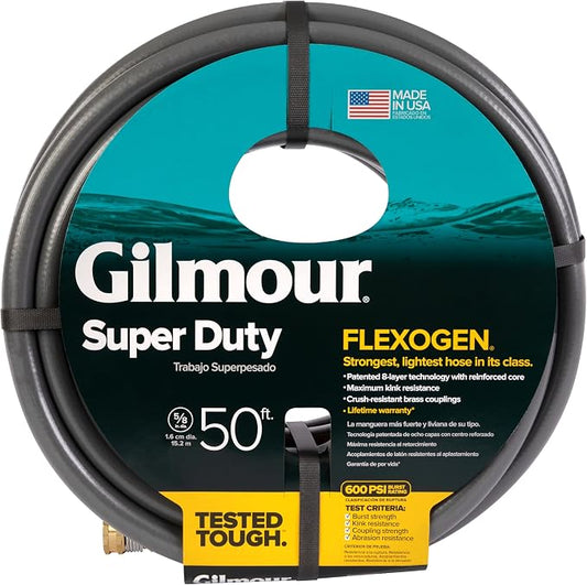 Gilmour Flexogen 5/8 in x 50 ft Garden Hose, Heavy Duty Water Hose, Flexible and Kink Resistant Outdoor Hose, Gray | Leak-Proof Brass Couplings, Kink Resistant 8-Layer Design, 500 PSI, Made in USA