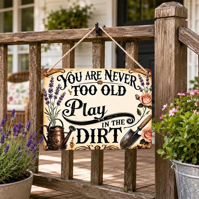 Vintage Garden Metal Sign, Funny Tin Wall Decor 8x12 In | vintage garden sign with rope, 4 pins and corner holes for patio, porch, fence, greenhouse and wall decor