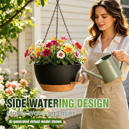 10 Inch Self-Watering Hanging Planters Set of 3 with Saucers | Set of 3 10-inch self-watering hanging planters with extra growing space, side-fill ports, chain hangers & snap-on saucers