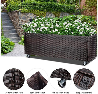 Raised Garden Bed with Wheels - Rattan Wicker Elevated Raised Garden Bed Outdoor Raised Planter Box for Vegetables Grass Lawn Yard, 38 x 14.5 x 12 in, Brown
