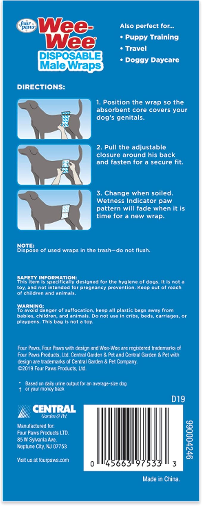 Four Paws Wee-Wee Disposable Male Dog Wraps Male Wraps Medium/Large (36 Count)